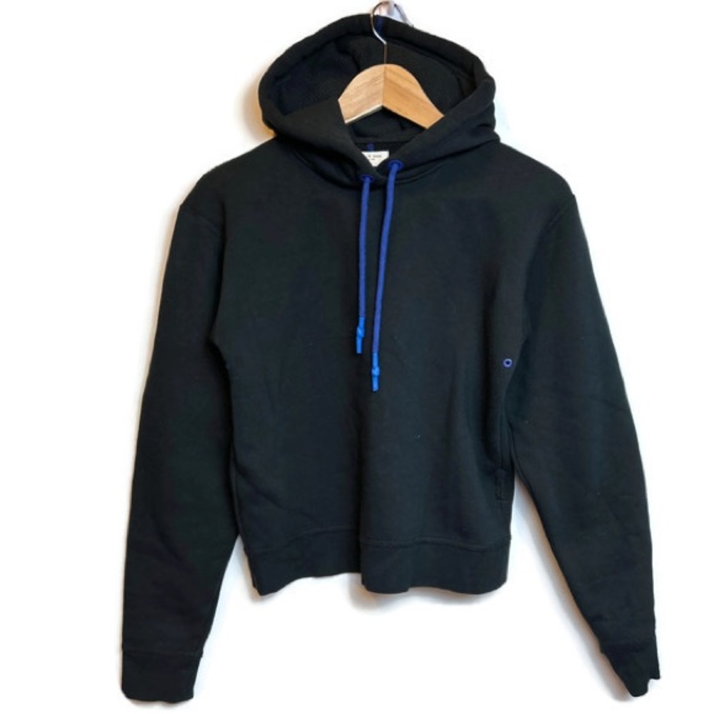Rag and Bone Black Crop Hoodie w Blue Drawstring and Stitching Sz S BNWOT